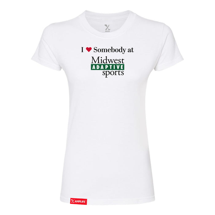 Midwest Adaptive Sports I Love Somebody at MAS Women's White Slim T-Shirt on a white background