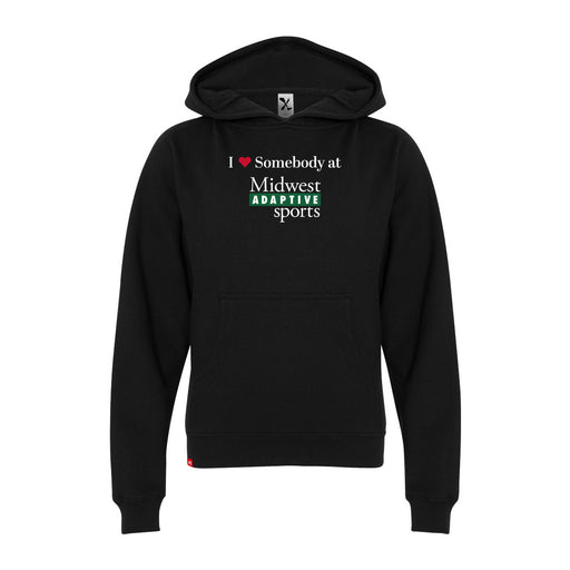 Midwest Adaptive Sports I Love Somebody at MAS Youth Black Hoodie on a white background