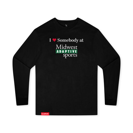 Midwest Adaptive Sports I Love Somebody at MAS Youth Black Long Sleeve T-Shirt on a white background