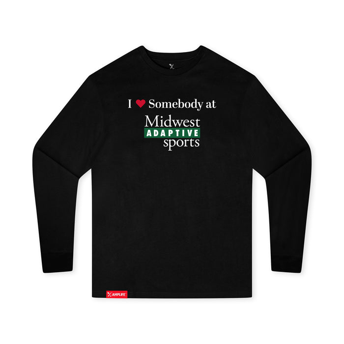 Midwest Adaptive Sports I Love Somebody at MAS Youth Black Long Sleeve T-Shirt on a white background