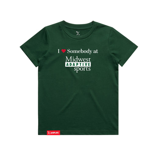 Midwest Adaptive Sports I Love Somebody at MAS Youth Forest Green T-Shirt on a white background