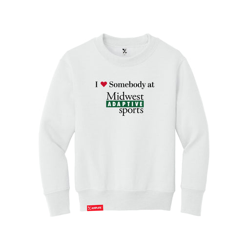 Midwest Adaptive Sports I Love Somebody at MAS Youth White Crewneck Sweatshirt on a white background