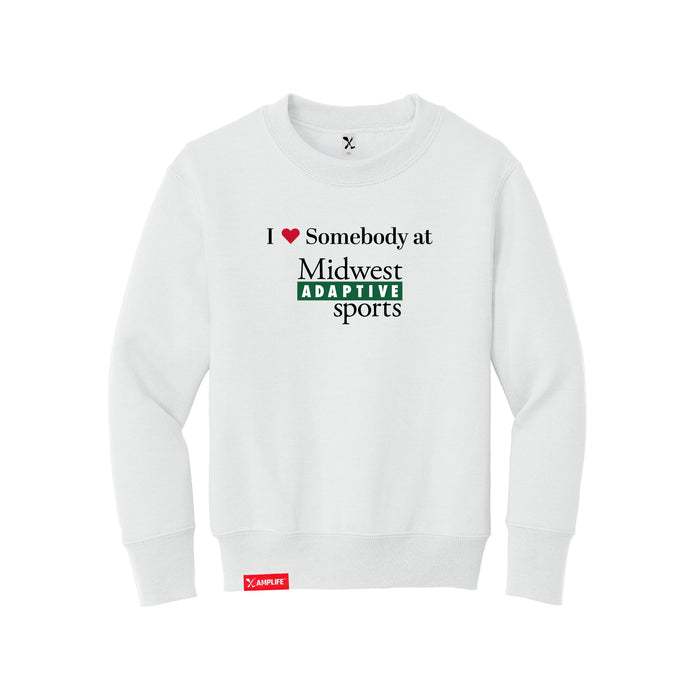 Midwest Adaptive Sports I Love Somebody at MAS Youth White Crewneck Sweatshirt on a white background