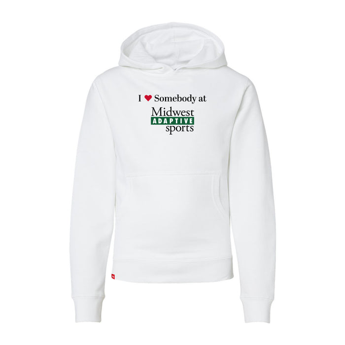 Midwest Adaptive Sports I Love Somebody at MAS Youth White Hoodie on a white background