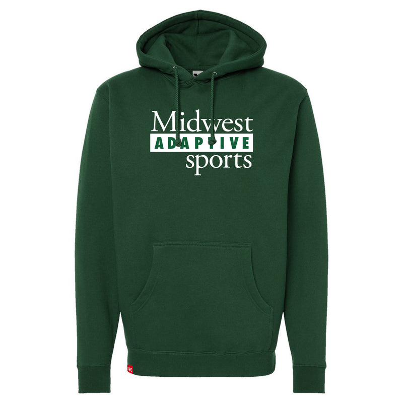 Midwest Adaptive Sports Logo Dark Green Hoodie on a white background