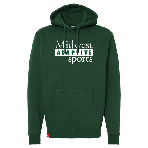 Midwest Adaptive Sports Logo Dark Green Hoodie on a white background