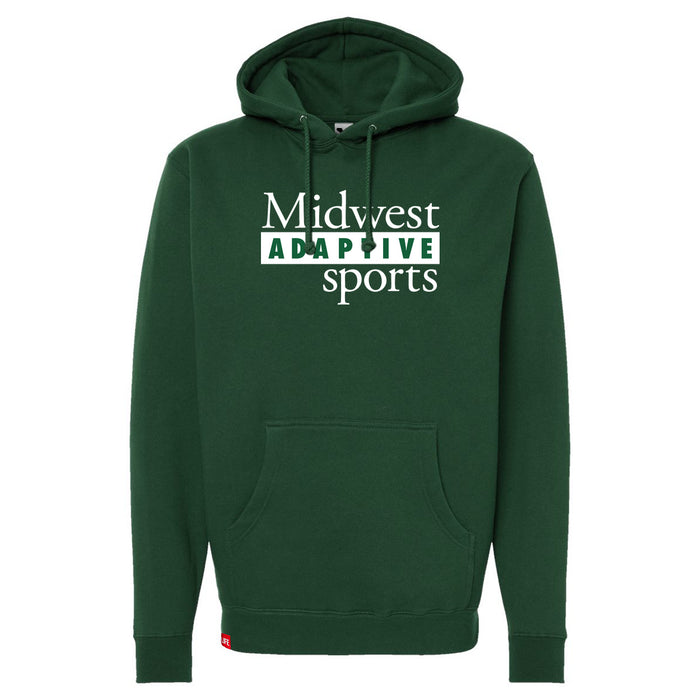 Midwest Adaptive Sports Logo Dark Green Hoodie on a white background