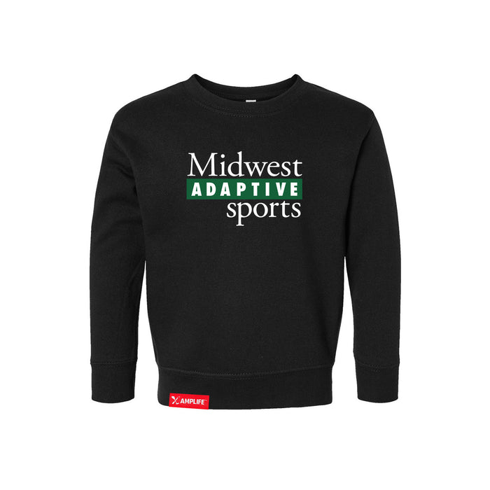 Midwest Adaptive Sports Logo Toddler Black Crewneck Sweatshirt on a white background