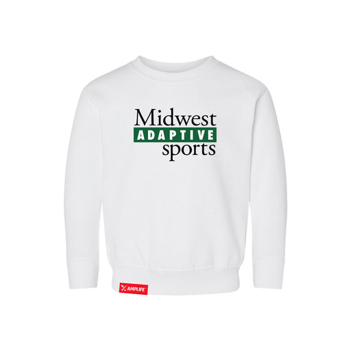 Midwest Adaptive Sports Logo Toddler White Crewneck Sweatshirt on a white background