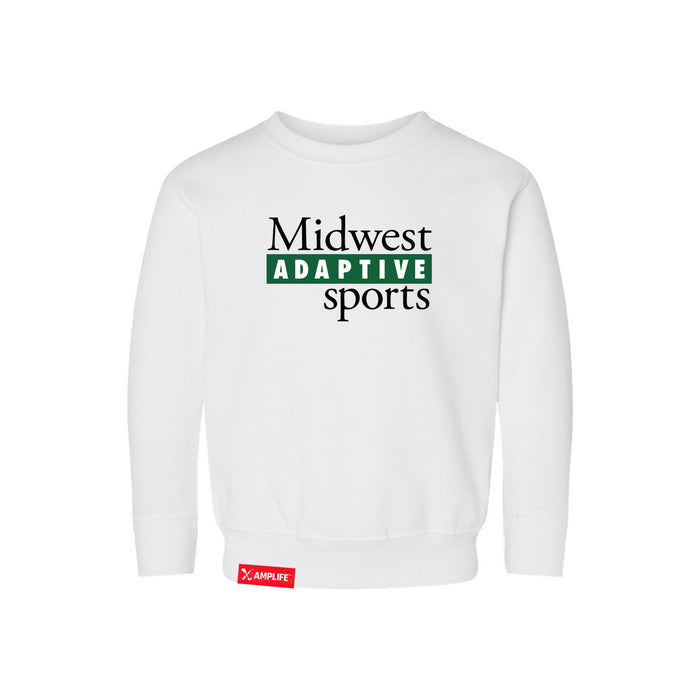Midwest Adaptive Sports Logo Toddler White Crewneck Sweatshirt on a white background