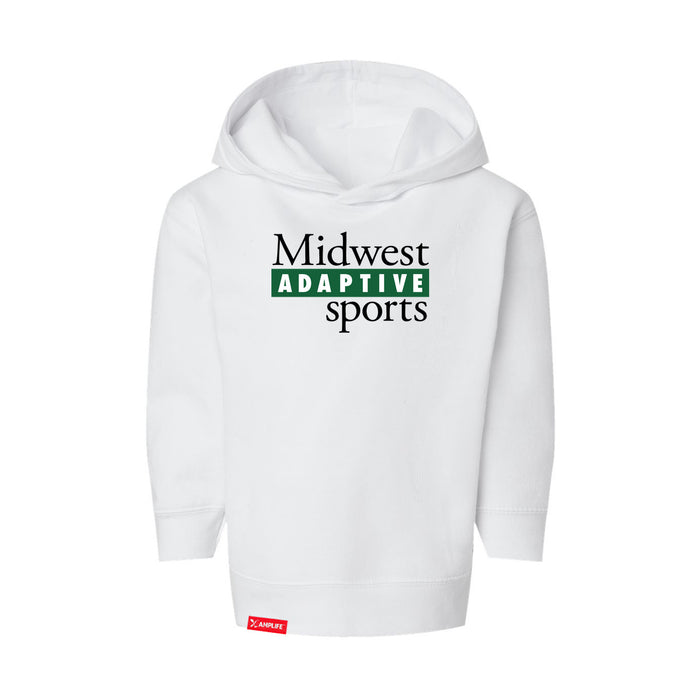 Midwest Adaptive Sports Logo Toddler White Hoodie on a white background
