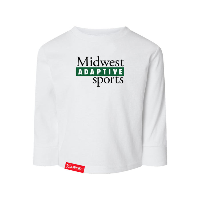 Midwest Adaptive Sports Logo Toddler White Long Sleeve T-Shirt on a white background