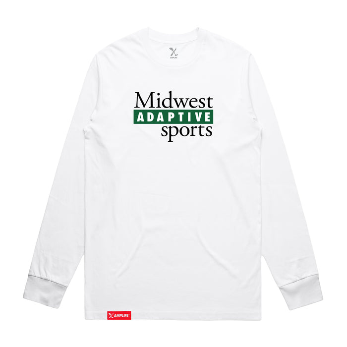 Midwest Adaptive Sports Logo White Long Sleeve T-Shirt on a white background