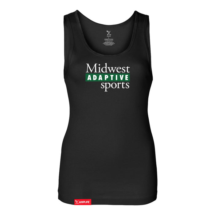 Midwest Adaptive Sports Logo Women's Black Slim Micro Rib Tank Top on a white background