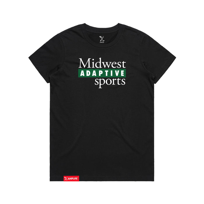 Midwest Adaptive Sports Logo Women's Black T-Shirt on a white background