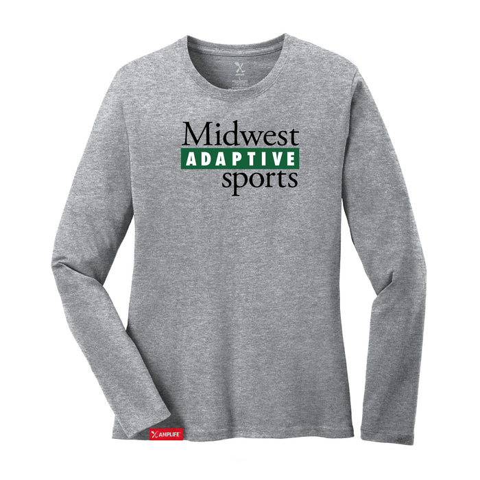 Midwest Adaptive Sports Logo Women's Heather Grey Long Sleeve T-Shirt on a white background