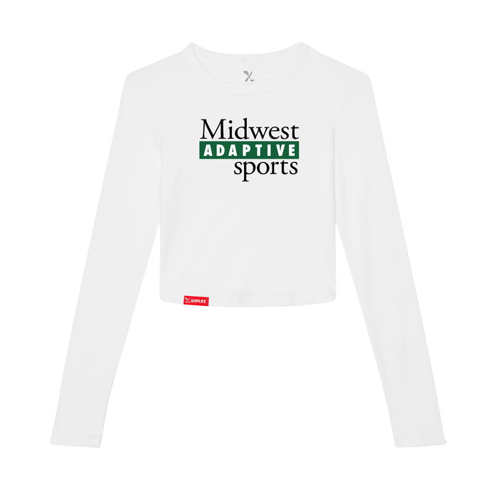 Midwest Adaptive Sports Logo Women's White Crop Long Sleeve T-Shirt on a white background