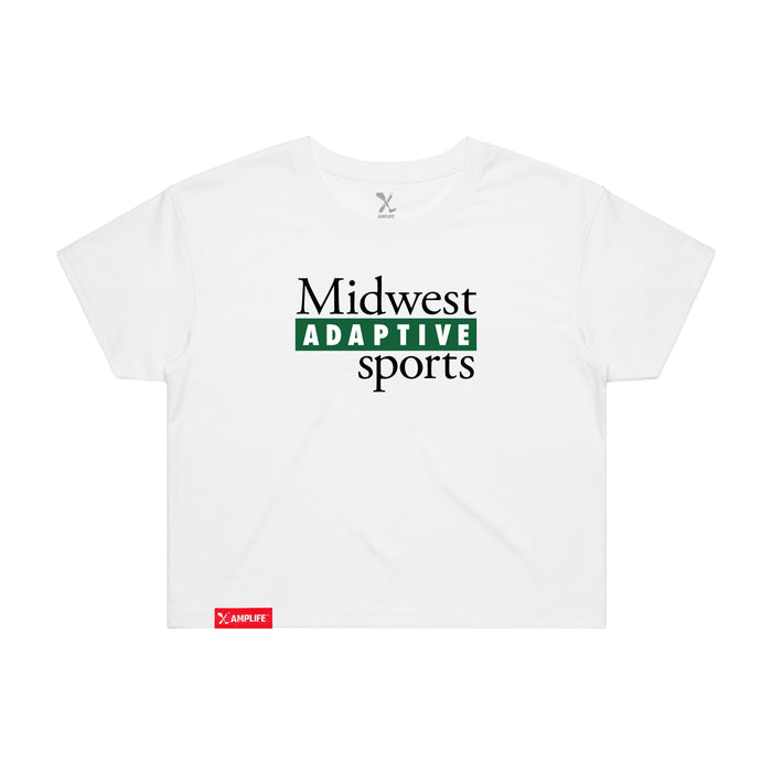 Midwest Adaptive Sports Logo Women's White Crop T-Shirt on a white background