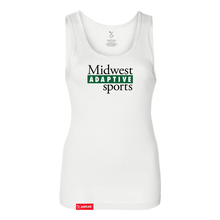 Midwest Adaptive Sports Logo Women's White Slim Micro Rib Tank Top on a white background