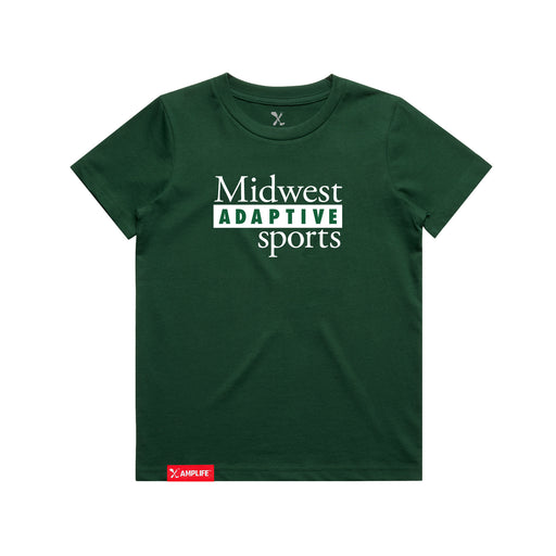 Midwest Adaptive Sports Logo Youth Forest Green T-Shirt on a white background
