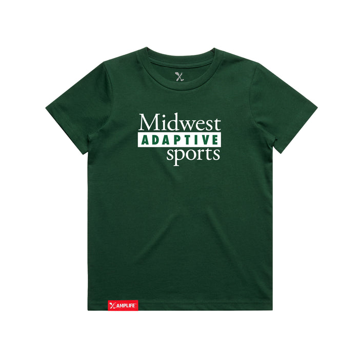 Midwest Adaptive Sports Logo Youth Forest Green T-Shirt on a white background