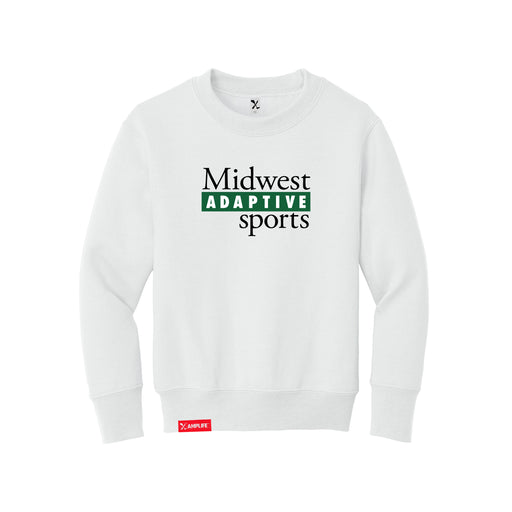 Midwest Adaptive Sports Logo Youth White Crewneck Sweatshirt on a white background