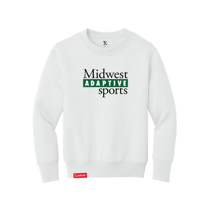Midwest Adaptive Sports Logo Youth White Crewneck Sweatshirt on a white background