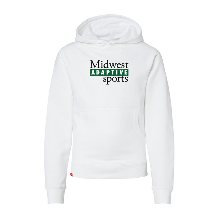 Midwest Adaptive Sports Logo Youth White Hoodie on a white background