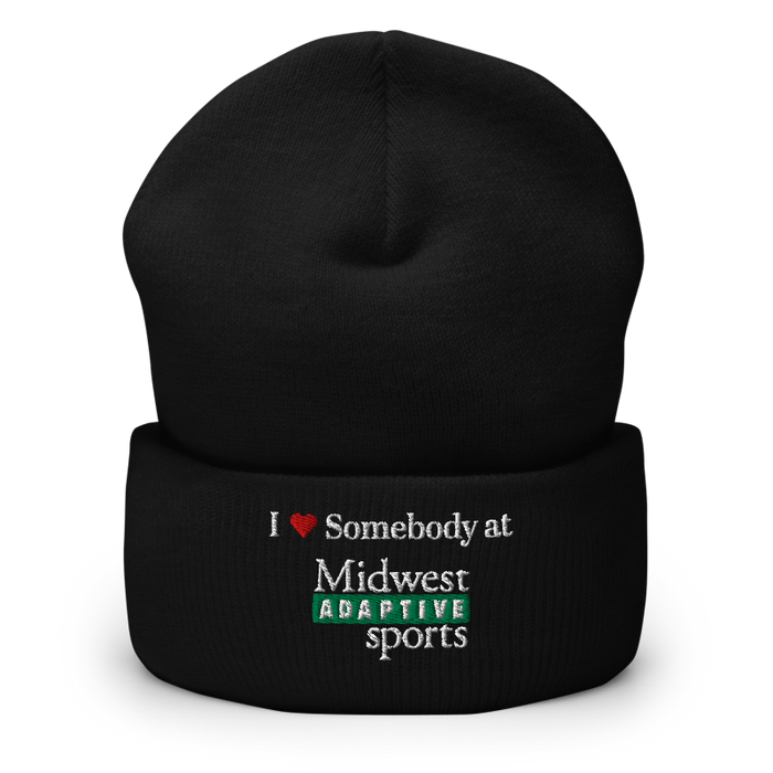 Front angle of the Midwest Adaptive Sports I Love Somebody at MAS Black Beanie against a white background