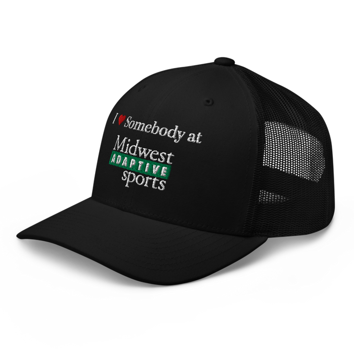 Front left angle of the Midwest Adaptive Sports I Love Somebody at MAS Black Curved Bill Trucker Snapback against a white background