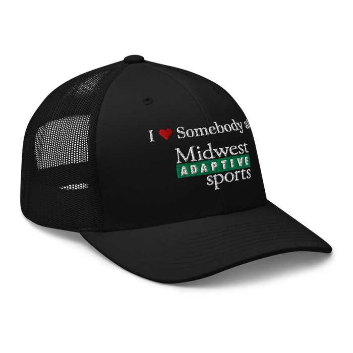 Front right angle of the Midwest Adaptive Sports I Love Somebody at MAS Black Curved Bill Trucker Snapback against a white background