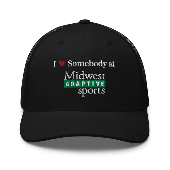 Front angle of the Midwest Adaptive Sports I Love Somebody at MAS Black Curved Bill Trucker Snapback against a white background