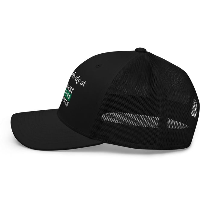 Left angle of the Midwest Adaptive Sports I Love Somebody at MAS Black Curved Bill Trucker Snapback against a white background