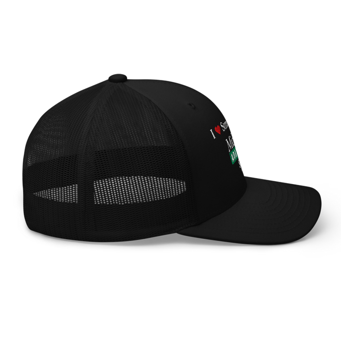 Right angle of the Midwest Adaptive Sports I Love Somebody at MAS Black Curved Bill Trucker Snapback against a white background