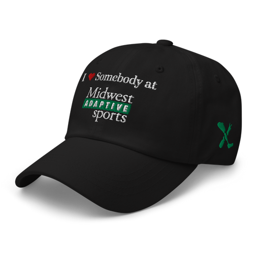 Front left angle of the Midwest Adaptive Sports I Love Somebody at MAS Black Dad Hat against a white background