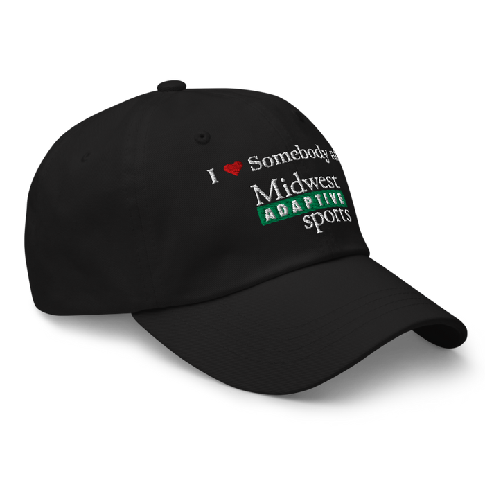 Front right angle of the Midwest Adaptive Sports I Love Somebody at MAS Black Dad Hat against a white background