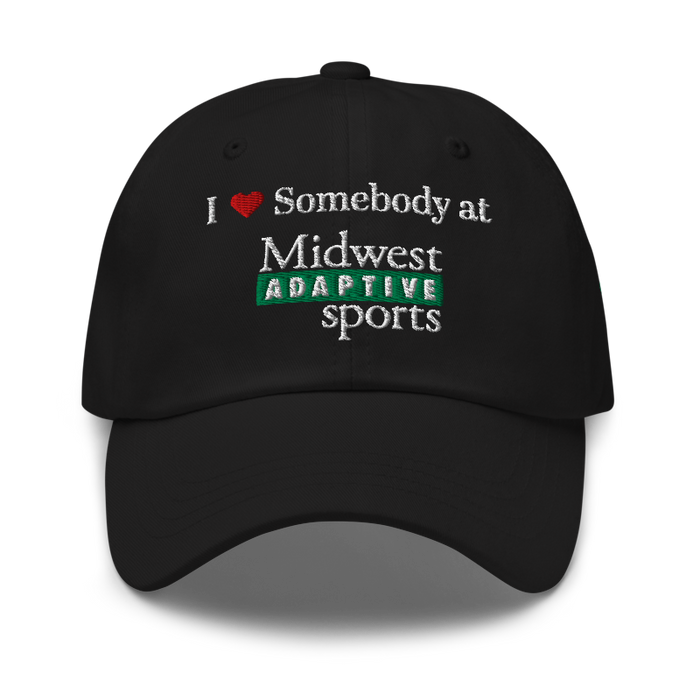 Front angle of the Midwest Adaptive Sports I Love Somebody at MAS Black Dad Hat against a white background