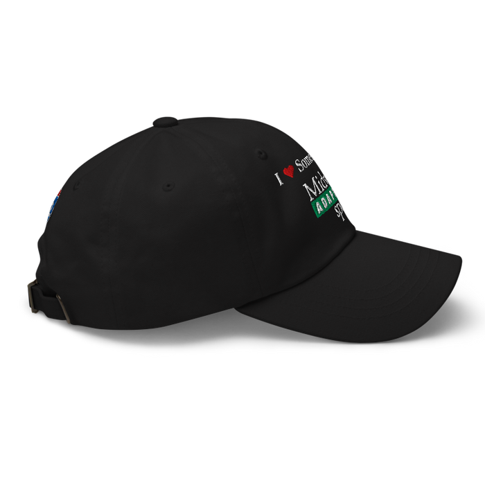 Right angle of the Midwest Adaptive Sports I Love Somebody at MAS Black Dad Hat against a white background