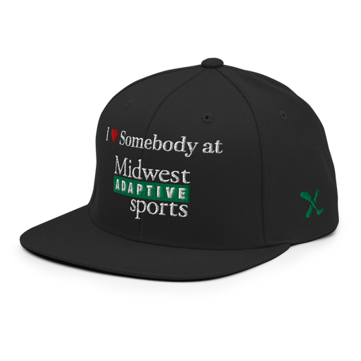 Front left angle of the Midwest Adaptive Sports I Love Somebody at MAS Black Flat Bill Snapback against a white background