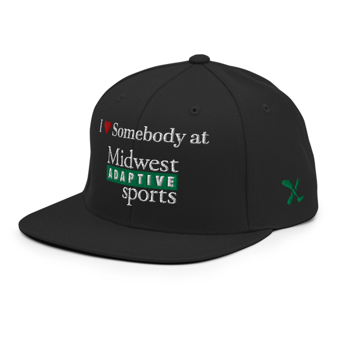 Front left angle of the Midwest Adaptive Sports I Love Somebody at MAS Black Flat Bill Snapback against a white background