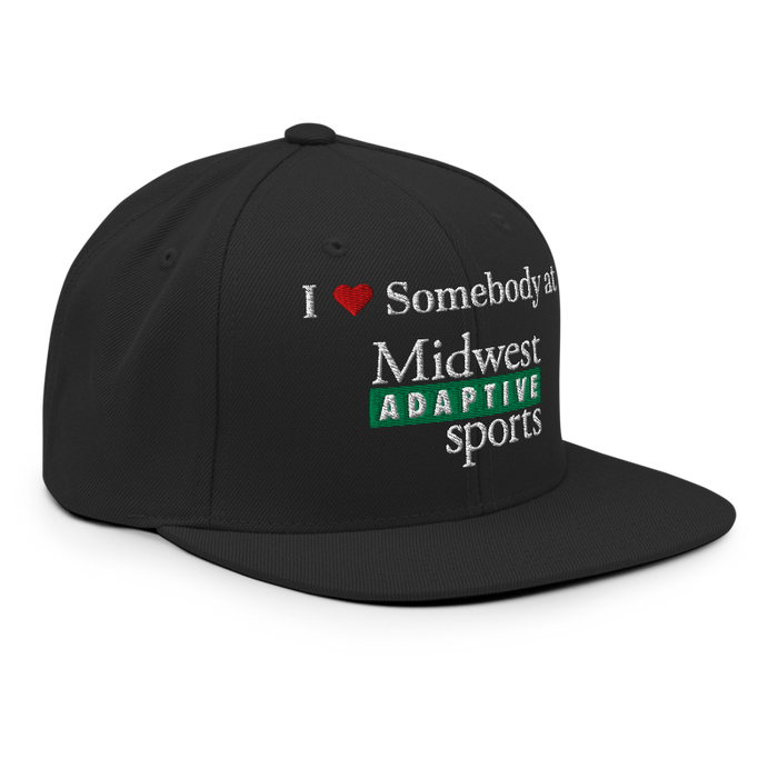 Front right angle of the Midwest Adaptive Sports I Love Somebody at MAS Black Flat Bill Snapback against a white background