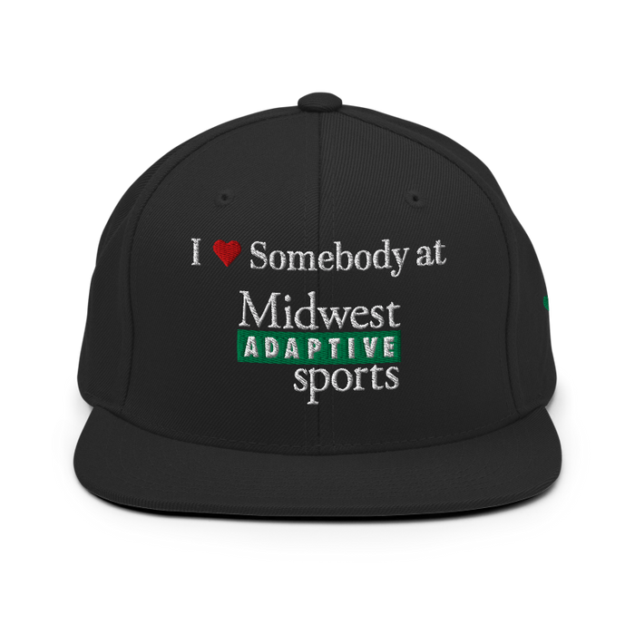 Front angle of the Midwest Adaptive Sports I Love Somebody at MAS Black Flat Bill Snapback against a white background