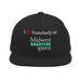 Front angle of the Midwest Adaptive Sports I Love Somebody at MAS Black Flat Bill Snapback against a white background