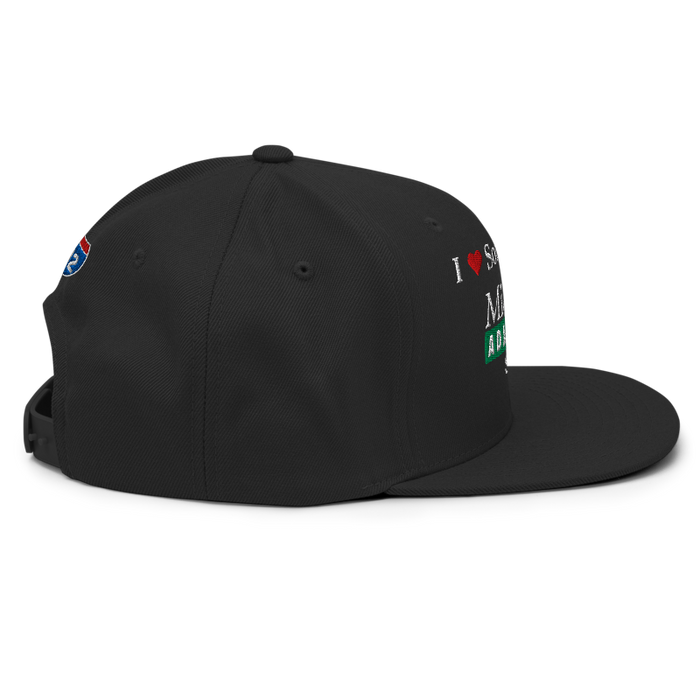 Right angle of the Midwest Adaptive Sports I Love Somebody at MAS Black Flat Bill Snapback against a white background