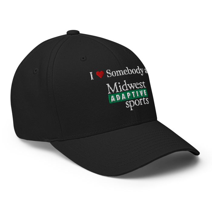 Front right angle of the Midwest Adaptive Sports I Love Somebody at MAS Black Flexfit Curved Bill Fitted against a white background