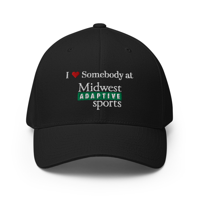 Front angle of the Midwest Adaptive Sports I Love Somebody at MAS Black Flexfit Curved Bill Fitted against a white background