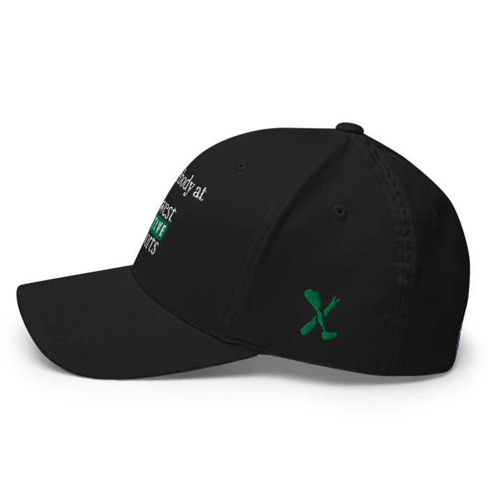 Left angle of the Midwest Adaptive Sports I Love Somebody at MAS Black Flexfit Curved Bill Fitted against a white background