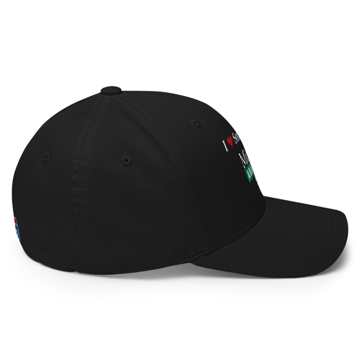 Right angle of the Midwest Adaptive Sports I Love Somebody at MAS Black Flexfit Curved Bill Fitted against a white background