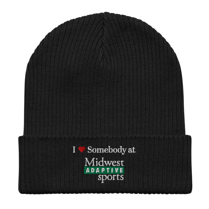 Front angle of the Midwest Adaptive Sports I Love Somebody at MAS Black Organic Beanie laid flat against a white background
