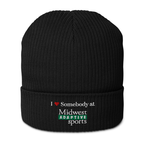 Front angle of the Midwest Adaptive Sports I Love Somebody at MAS Black Organic Beanie against a white background